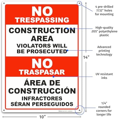 BRIMAR Bilingual No Trespassing Construction Area Sign, 10 X 14 Inch