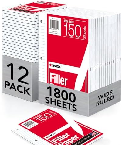 Kaisa loose Leaf Paper Filler Paper 1800 Sheets 8"x10.5",Wide Ruled, 3-Hole Punched for 3-Ring Binders, Carton of 12pack