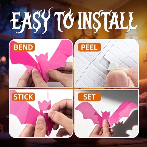CLEANGOR 48Pcs Pink Bat Halloween Decor, Halloween Party Supplies Stickers