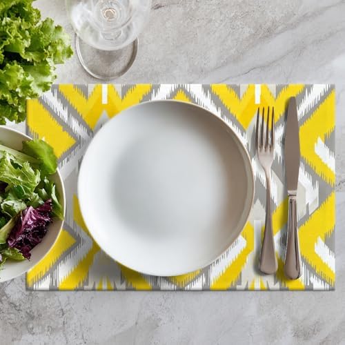 Batmerry Yellow and Gray Retro Ikat Pattern Linen Placemats Set of 8, Geometric Washable Table Mats for Kitchen Table Thickened Heat Insulation Dining Set Indoor Outdoor 12X18 in