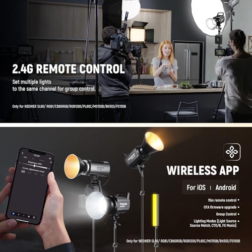 NEEWER FS230 230W COB Video Light 2.4G/APP Control, 110000lux/1m 5600K Daylight Bowens Mount Photography Continuous Output Lighting for Video Recording, Silent Fan, 9 Scenes 4 Dimming Types CRI97+