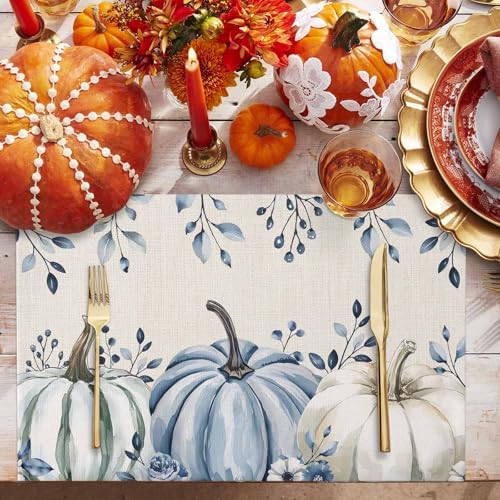 Fall Placemats Set of 4, White Pumpkin Place Mats Blue Pumpkin Eucalyptus Leaves Floral Tablemats Harvest Thanksgiving Placemat Table Decor for Kitchen Table Holiday Dinner Party Autumn Home Decor