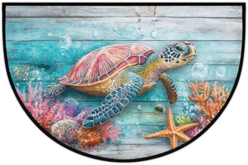 Ocean Wood Turtle Starfish Half Round Door Mat, Non-Slip Welcome Indoor Entrance Way Rug Semi Circle Front Doormats Washable Bathroom Kitchen Floor Mat, Outdoor Rugs for Garage, Patio, Hearth Rug