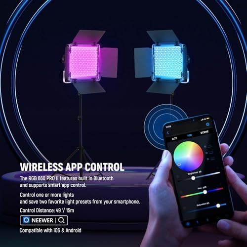 NEEWER Upgraded RGB LED Studio Video Light with Tripod Stand, App Control 50W 7000Lx CRI97+ 3200-5600K Dimmable Panel Key Lighting Kit for Game Streaming YouTube Recording Photography, RGB660 PRO II