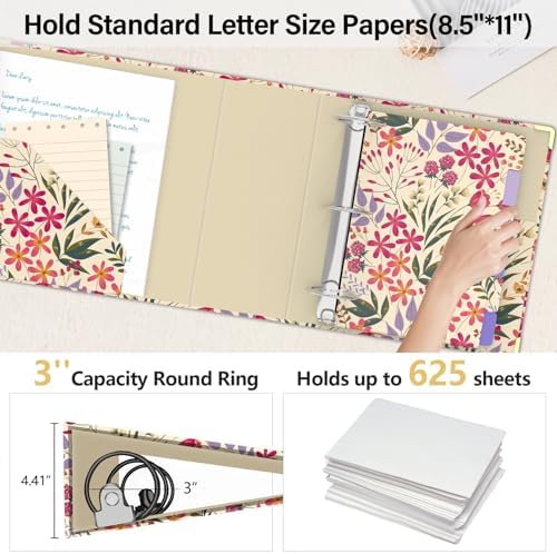 3 Ring Binder 3 Inch, Cute Round Ring Binder with 6 Tab Dividers & Label Stickers, Low Profile Clipboard with Storage, Fashion Binder for School Office Supplies (Pink Floral)