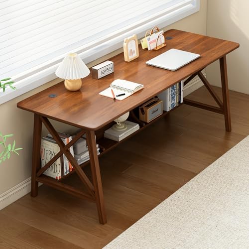 NELYE Extra Long Writing Desk with Bookshelf, 63" Wx24 Dx30 H, Walnut