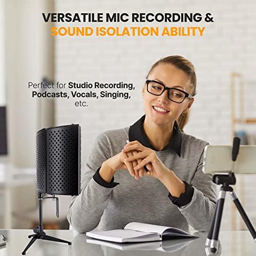 Pyle Compact Microphone Isolation Shield – Portable Studio Mic Sound Dampening Foam Reflector with Adjustable Panels, Acoustic Foam, Tabletop Tripod Stand for Recording & Podcasts