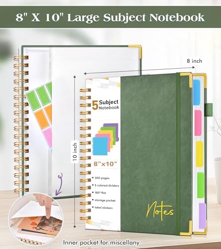 5 Subject Dotted Notebook with Removable Dividers Tabs, 300 Pages Hardcover Leather Dot Grid Spiral Journal, 8"x10" B5 Large Bullet Notebooks for Women Men Work School College Maths Sketching, Green