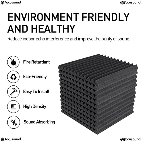 Focusound 50 Pack Acoustic Foam Panels 1" x 12" x 12" Sound Proof Foam Panles Soundproofing Noise Cancelling Wedge Panels for Home Office Recoding Studio with 300PCS Double-Side Adhesive