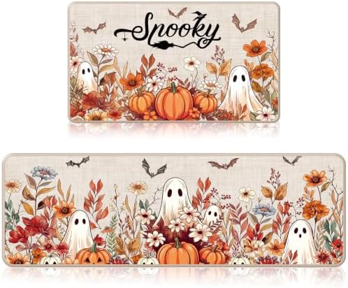 Halloween Kitchen Mats, Pumpkin Ghost Floral Kitchen Rugs