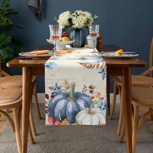 Fall Pumpkin Table Runner Dresser Scarf 16 x 72 Inch Blue Orange Maple Leaf Rustic Table Runners Non-Slip Heat Resistant Kitchen Dining Table Decor for Autumn Thanksgiving Holidays Indoor Outdoor