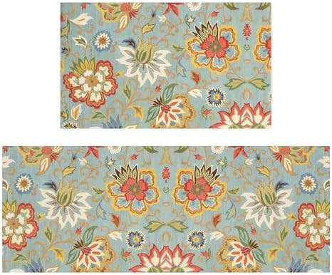 Colorful Floral Kitchen Rug for Floor 2 Piece Sets, Boho Floor Mat for Kitchen in Front of Sink for Standing for Kitchen Decor 17"X30"+17"X47"