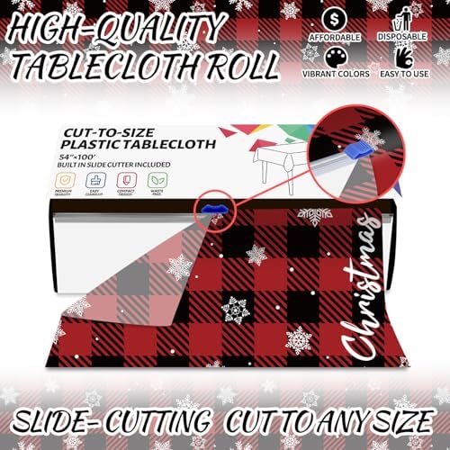 CXPSINC 54 Inch X 100 Feet Plastic Table Cover Roll Disposable Tablecloth with Slide Cutter for All Type/Shape Tables | Party, Banquet, Birthdays, Weddings(Red Checkered Snowflake, 100 Feet)
