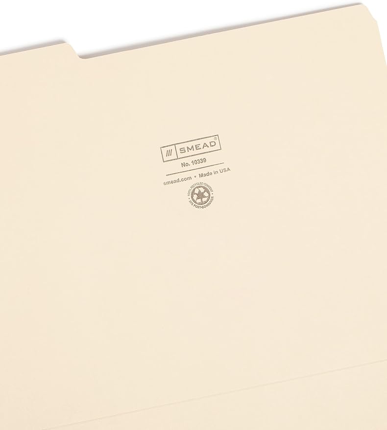 Smead 100% Recycled File Folder, 1/3-Cut Tab, Letter Size, Manila, 100 Per Box (10339)