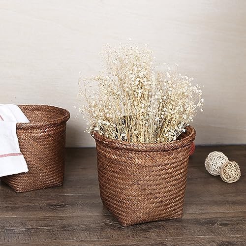 Woven Rattan Trash Can Wastebasket for Bathroom Bedroom Kitchen Small Garbage Cans Home Textile Storage Straw Rubbish (Coffee, One Size)