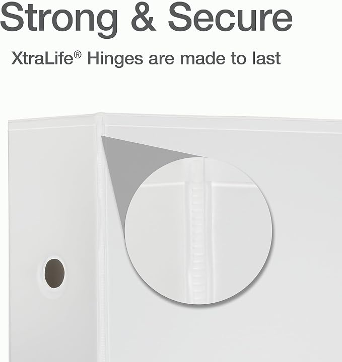 Cardinal 3 Ring Binder, 5 Inch Heavy Duty XtraLife Binder, Locking Slant-D Rings, Crack-Resistant Cover & Spine, ClearVue Covers with Shelf Pull, Holds 1,100 Sheets, White (26350)