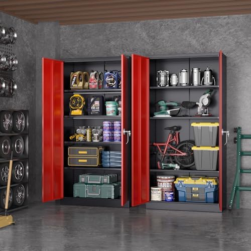 Greenvelly Metal Garage Storage Cabinet with 2 Doors and 4 Adjustable Shelves, 72”H Steel Lockable Storage Cabinet,Tall Metal Cabinet Locking File Cabinet for Office,Home, Garage, Gym, School