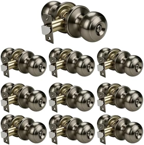 KNOBWELL 10 Pack Privacy Door Knob for Bathroom or Bedroom Door Knobs, Round Interior Door Knobs, Indoor Door Knob, Keyless Door Knob with Lock, Door Handle Lock, Antique Brass