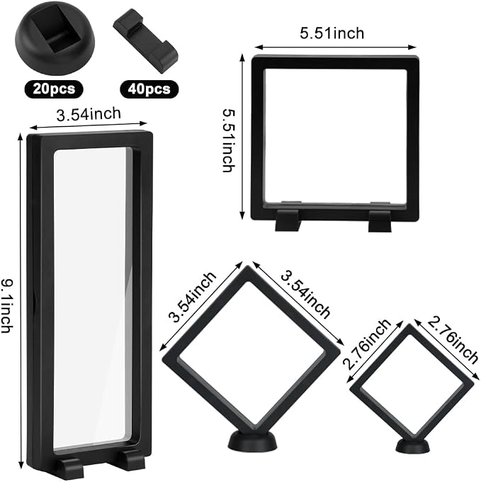 RETON 40 Pack 3D Floating Frame Display Case with Bases, Challenge Coin Display Holder Stands, Large Suspension PE Transparent Jewelry Storage Boxes for Medallions Specimen Stamps