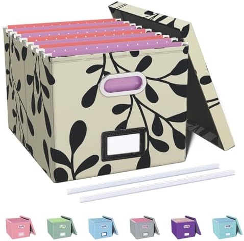 Oterri File Organizer with Lid, File Box, File Cabinet for Letter File Folder Storage, Hanging File Organizer for Office/Decor/Home,Document Organizer, 1 Pack,Leaf Black/Cream-Box Only