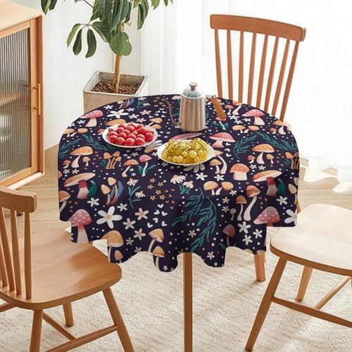 Retro Mushroom Tablecloth, Cartoon Forest Mushroom Florals Leaves Woodland Garden Table Cloth for Kitchen Dining Coffee Table Outdoor Party Decor, 60x60in