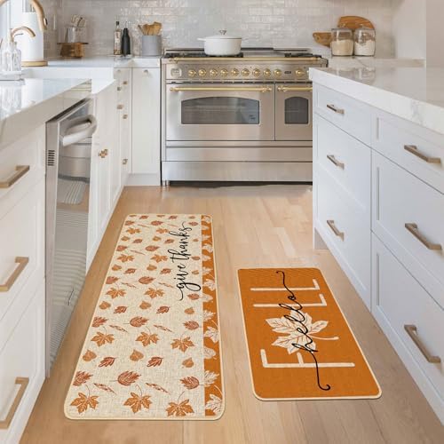 Baccessor Maple Leaves Fall Kitchen Rugs Set of 2, Autumn Leaves Kitchen Mats for Floor Low-Profile Fall Thanksgiving Home Decor 17x29 and 17x47 Inch