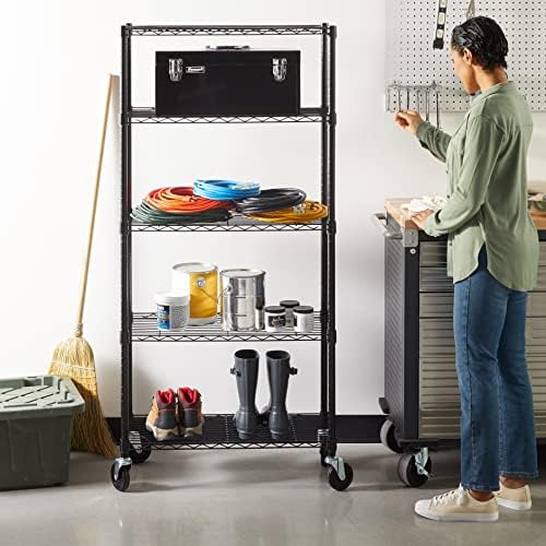 Amazon Basics 5-Shelf Heavy Duty Garage Shelving Storage Rack with 4" Wheel Casters, Adjustable Metal Wire Organizer, 300 lbs Per Shelf, 30" x 14" x 64.75", Black