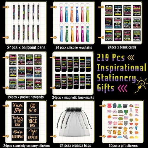 Pasimy 218 Pcs Inspirational Stationery Gifts Motivational Mini Notepad Pen Quote Bookmarks Stress Relief Stickers Inspiring Silicone Keychains for Home Office Appreciation Gift(Dark)