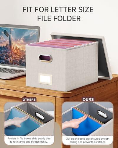 Oterri File Organizer with Lid, File Box, File Cabinet for Letter File Folder Storage, Hanging File Organizer for Office/Decor/Home,Document Organizer, 1 Pack,Beige-Box Only