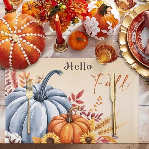 Fall Placemats Set of 6, Hello Fall Pumpkin Place Mats Maple Leaves Sunflower Bird Tablemats Harvest Thanksgiving Placemat Table Decoration for Kitchen Table Holiday Dinner Party Autumn Home Decor