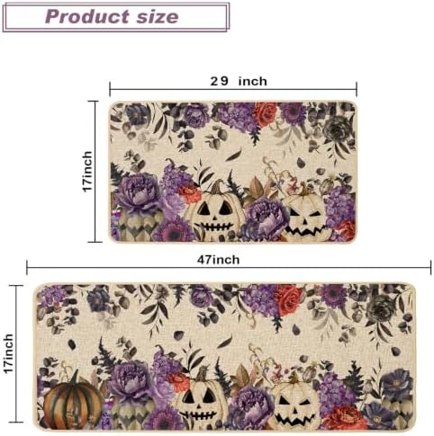 Baccessor Halloween Kitchen Rugs Set of 2, Purple Flowers Spooky Pumpkin Kitchen Mats Low-Profile Non Slip Washable Rugs for Floor Home Decor 17x29 and 17x47 Inch