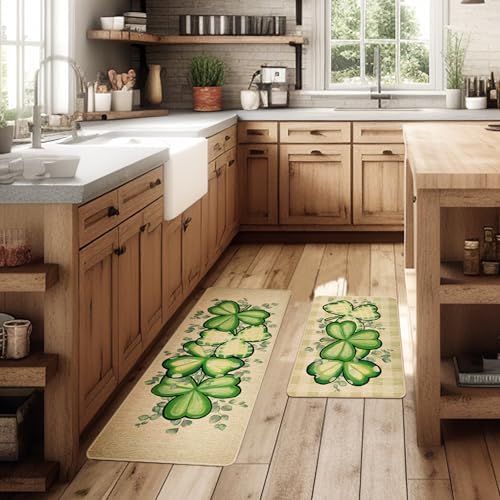 St Patricks Day Kitchen Decor Mats Set of 2, Non-Slip Absorbent Rug and Door Mats, Lucky Green Shamrock Clover Kitchen Floor Mat 17x29 and 17x47 Inch DM128