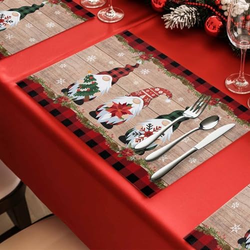 Gnomes Christmas Decorations Placemats Set of 6, Farmhouse Buffalo Plaid Red Black Cotton Line Stain Resistant Table Mats Washable Holidays Placemat For Kitchen Dining Table Winter Snowflakes