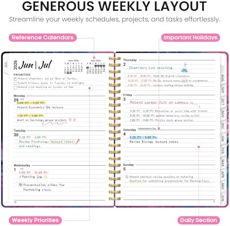 Planner 2026-2027, Monthly & Weekly Jul 2026-Jun 2027 Calendar Book | 6.3" x 8.5", Hardcover Spiral Planner with Tabs, School & Daily Pretty Agenda for Women, Students, Teachers, Fluid Eclipse