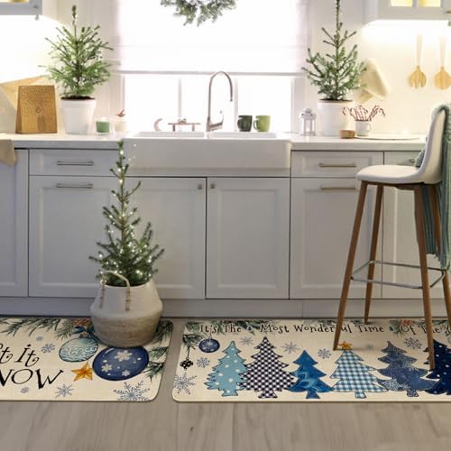 Winter Kitchen Rugs and Mats Set of 2,Let It Snow Blue Christmas Pine Trees Balls Ornament Snowflakes Winter Holiday Sink Mat Non Skid Washable for Home Farmhouse Floor Decor 17"x47"+17"x30"