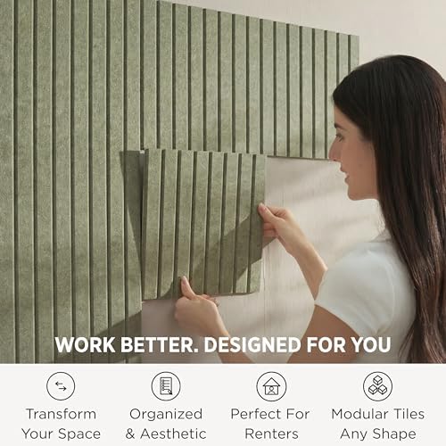 VIVELDA Felt Bulletin Board Tiles 48"x36" 12-Pack, Cork Board Alternative, OEKO-TEX Certified, NRC 0.95 Acoustic Wall Panels, Damage-Free Adhesive, Slatted Design, Home Office, Classroom (Khaki Green)