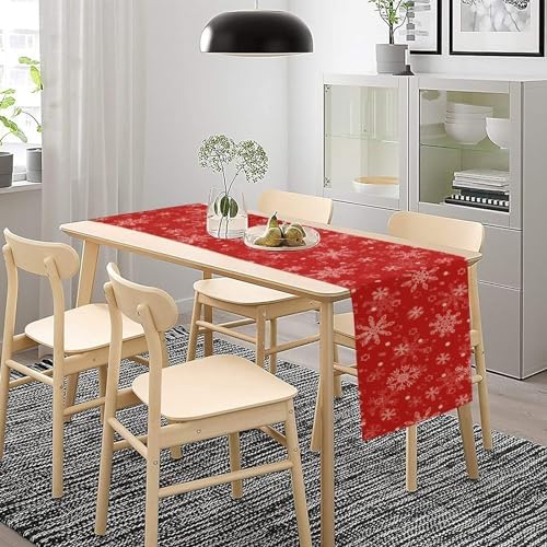 Red Snowflakes Christmas Table Runner, Seasonal Winter Holiday Kitchen Dining Table Decoration for Home Party Decor 13x90 Inch