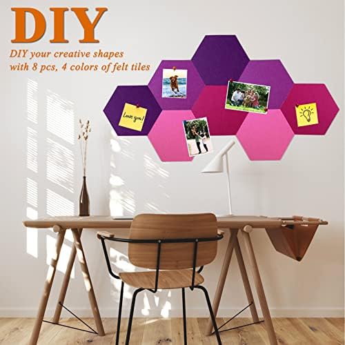 8Pcs Hexagon Felt Cork Board Tiles, Self Adhesive DIY Bulletin Board Pin Board for Office School Home Wall Decor Stickers Memos Photos Display (Gradual Purple)