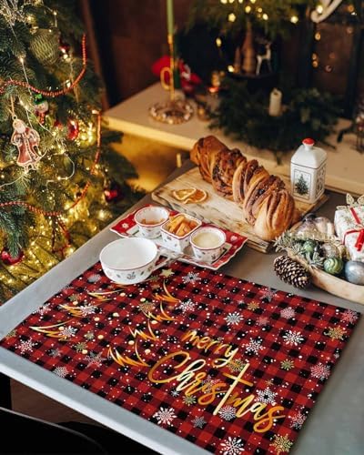 Merry Christmas Placemats Set of 4, Gold Xmas Tree Heat Resistant Washable Table Place Mats Red Black Buffalo Plaid Pattern Cotton Table Linens Party Holiday Decor for Kitchen Dining Outdoor Indoor