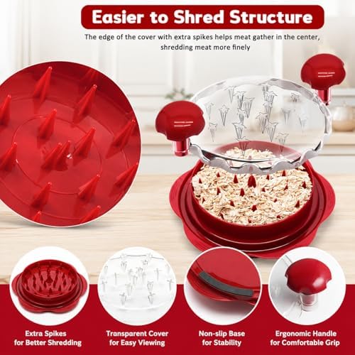 Premium Large Chicken Shredder Tool with Suction Base 2026 – Twist Meat Shredder with Ergonomic Handle & Anti-Slip Grip – Transparent Lid for Easy Shredding Chicken & Beef (Red)