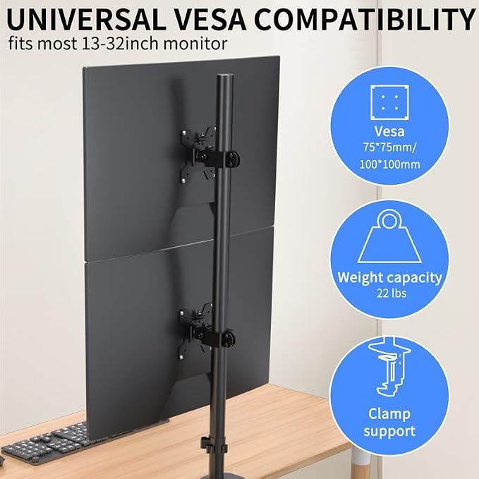 Pholiten Tall Vertically Stacked Dual Monitor Desk Mount Stand | Extra Tall 31 Inch Monitor Stand, Fully Adjustable Monitor arm for 13-32 Inch LCD Screen, Holds up to 22lbs