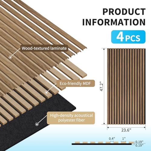 Art3d 47 x 23.6 Inch Acoustic Wood Slat Wall Panel, 4-Pack, Deep Walnut