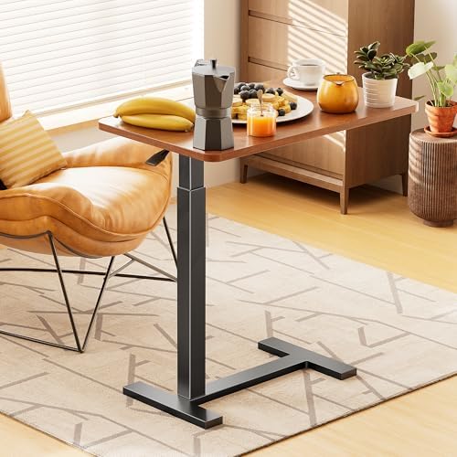 Adjustable Overbed Bedside Table with Wheels, Rolling Laptop Table, Pneumatic Adjustable Hospital & Home Use Bed Table, Mobile Standing Desk, Brown
