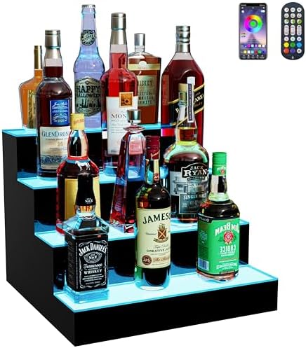 MESAlLUP Acrylic 16 Inch 4 Tier LED Liquor Bottle Display Shelf, Lighted Bar Shelves with APP or Remote Control, Mulit Color Lighting for Home Mini Bars Decor, Restaurants & Party Use