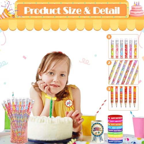 172 Pcs Birthday Pencils Set: 36 Happy Birthday Pencils, 36 Wristbands, 100 Badge Stickers for Teacher, Classroom, Party Favors