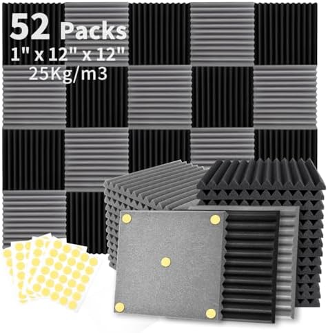 Focusound 52 Pack Black GreyAcoustic Foam Panels 1" x 12" x 12" Sound Proof Foam Panles Soundproofing Noise Cancelling Wedge Panels for Home Office Recoding Studio with 300PCS Double-Side Adhesive