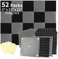 Focusound 52 Pack Black GreyAcoustic Foam Panels 1" x 12" x 12" Sound Proof Foam Panles Soundproofing Noise Cancelling Wedge Panels for Home Office Recoding Studio with 300PCS Double-Side Adhesive