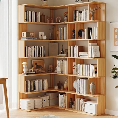 Vertical Wall Corner Shelf with Open Back 7-Shelf Wood Corner Bookshelf Floor Book Rack Multi-Layer Storage Shelf Against the Wall Bookcase Light Walnut 35" L x 24" W x 75" H