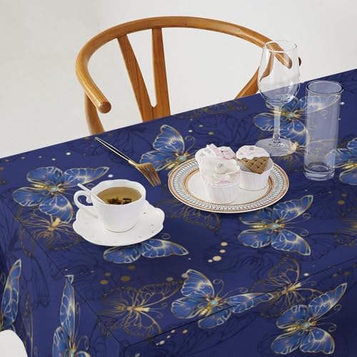 Retro Blue Butterfly Tablecloth, Luxury Golden Blue Butterfly Print Table Cover for Home Dining Decor Kitchen Party Outdoor 55x55in