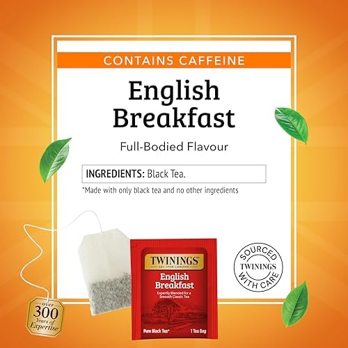 Twinings English Breakfast Black Tea Individually Wrapped Bags, 100 Count (Pack of 1), Smooth, Flavourful, and Robust, Caffeinated, Enjoy Hot or Iced, 100 Teabags